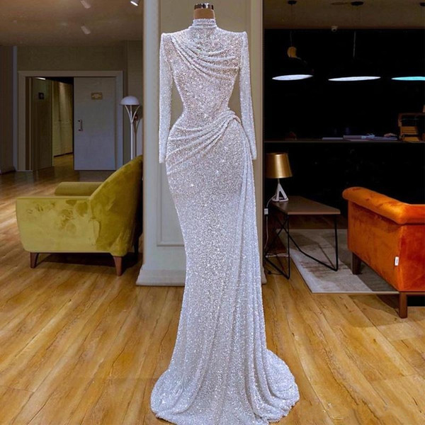 Sheath Long Sleeve Sequined Evening Dresses High Neck Mermaid Prom Party Dresses Vestido de Noche