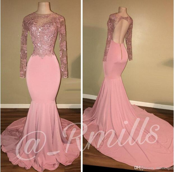 Pink Dresses Evening Wear Crew Neck Illusion Bodice Sexy Open Back Appliques Beaded Prom Party Gowns With Long Sleeves Custom Size