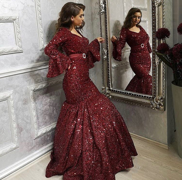 Modest Burgundy Long Sleeve Evening Dresses Mermaid Women Formal Occasion Dresses Sequined Prom Party Gown Vestido de Fiesta