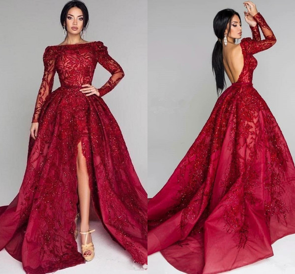 Sparkly Long Sleeve Ball Gown Evening Dresses Front Split Backless Bateau Prom Dresses Lace Appliques Beaded Vestode De Fiesta