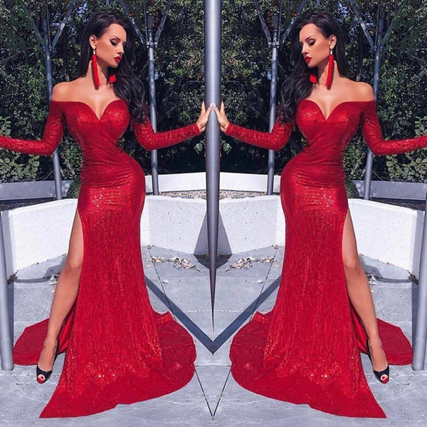 Gorgeous Bright Red Long Sleeve Mermaid Evening Dresses Sequined Sweetheart Neckline Side Split Prom Party Gowns