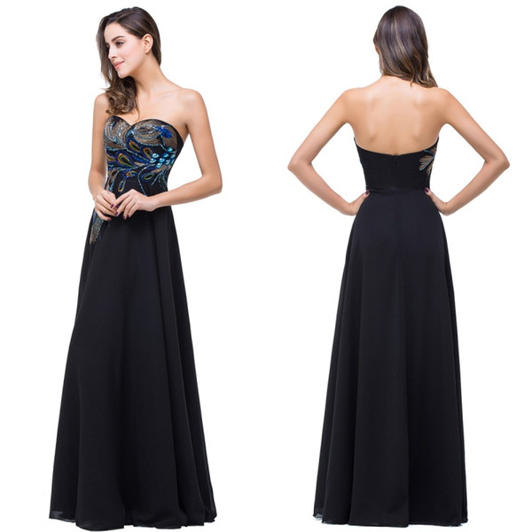 Peacock Embroidery Sexy Prom Dresses Sweetheart Neck Black Chiffon A Line Evening Dresses Backless Formal Gown CPS342