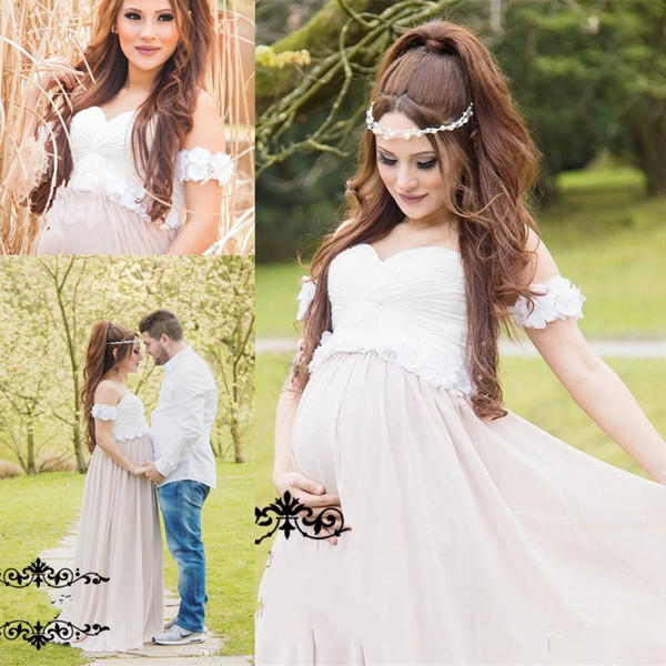 New White Pregnant Maternity Evening Dresses 3D Flowers Peplum A Line Off Shoulder Long Chiffon Plus Size Cheap Formal Prom Party Gown