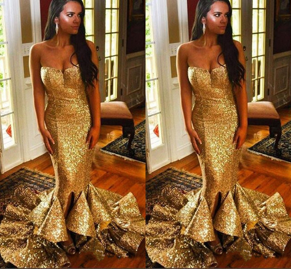 Sexy Prom Dresses Sparkling Gold Sequins Sweetheart Ruched Mermaid Backless Formal Evening Party Dress Sweep Train