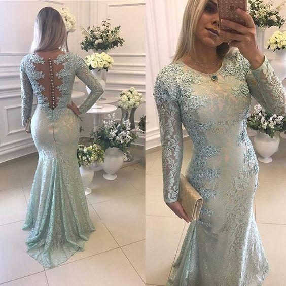 Sage Charming Mermaid Evening Dresses With Long Sleeves Lace Appliqued Formal Gowns Prom Party Dress Covered Button Back Sweep Train