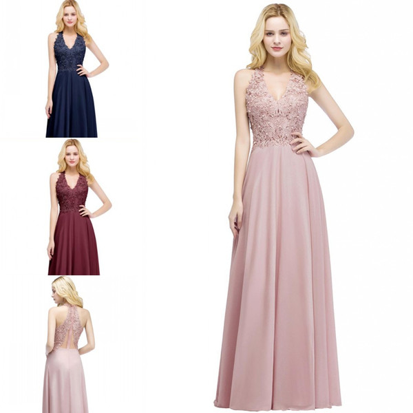 Sexy V Neck Lace Appliques Long Pink Evening Dresses Pearls Backless Party Dresses Formal Dress robe de soiree CPS912