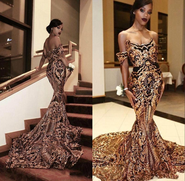 Luxurious Gold Lace Appliques Mermaid Evening Dresses Elegant Off Shoulder Black Girls Long Prom Party Gown BC1413