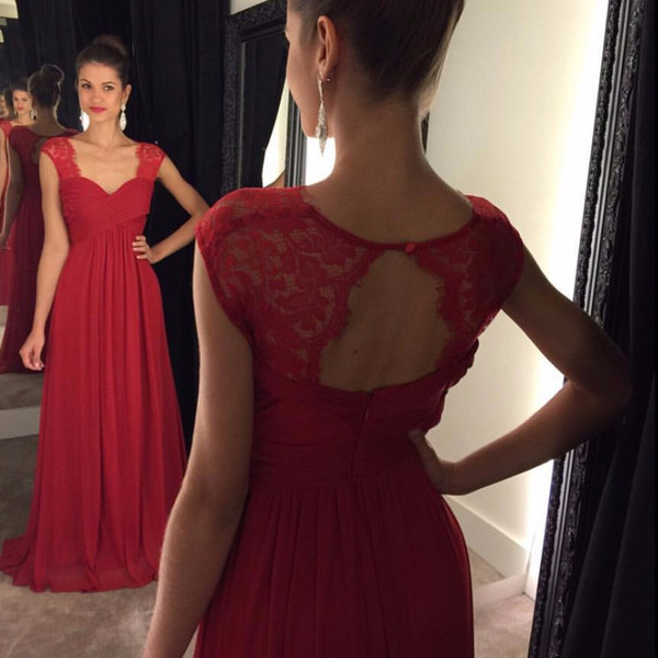 Dresses Evening Wear A Line Chiffon Illusion Lace Straps Pleats Red Prom Formal Dress Floor Length Elegant Evening Dresses