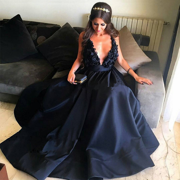 Hot Quality A Line Sexy Deep V Neck Evening Dresses With Hand-Made Flowers Floor Length Pageant Party Dresses Prom Formal