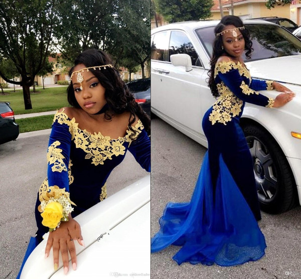 Elegant Dubai Arabic Style Blue Evening Dresses Mermaid Appliques Velvet Ruch Off-Shoulder Prom Gowns Long Sleeve Custom