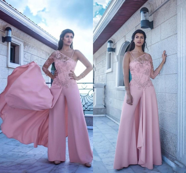 Arabic Formal Dresses Pink Evening Wear One-Shoulder Long Sleeve Chiffon Prom Gowns Appliqued Vintage Long Pants