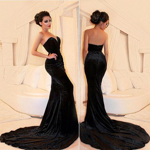 Arabic Simple Style Black Velvet Evening Dresses Sweetheart Zipper Back robe de soiree Formal Prom Gowns Sweep Train