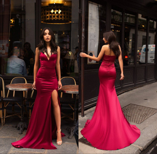 Red Sweetheart Neck Mermaid Evening Dresses Sexy Front Split Prom Party Gowns Special Occasion Dresses BC1583