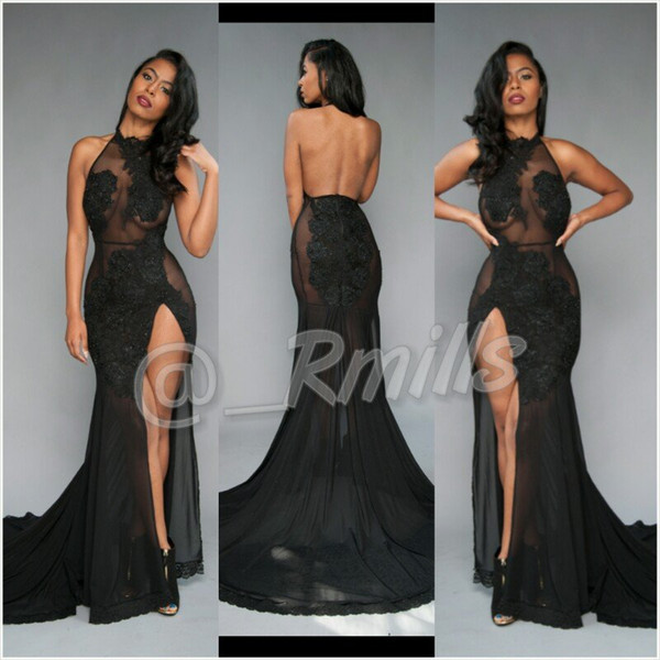 Mordern Long Evening Dresses With Appliqued Sequined Halter Sexy Backless Illusion Prom Gowns Split Mermaid Black Cheap Evening