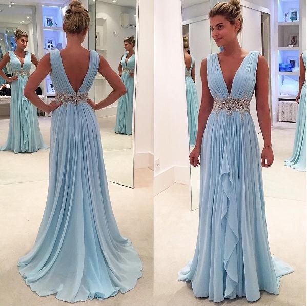 Light Sky Blue Chiffon A Line Evening Dresses Long Deep V Neck Beade And Appliques Sash Prom Dresses With Pleats