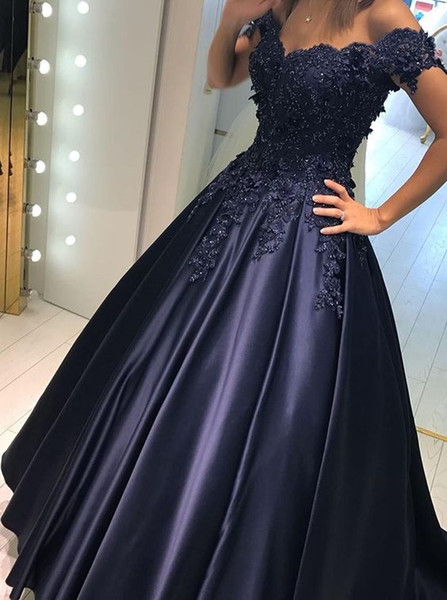 Vintage Navy Blue A Line Long Evening Dresses Off-Shoulder Appliques Beaded Satin Pleats Floor Length Elegant Formal Prom Evening Wear