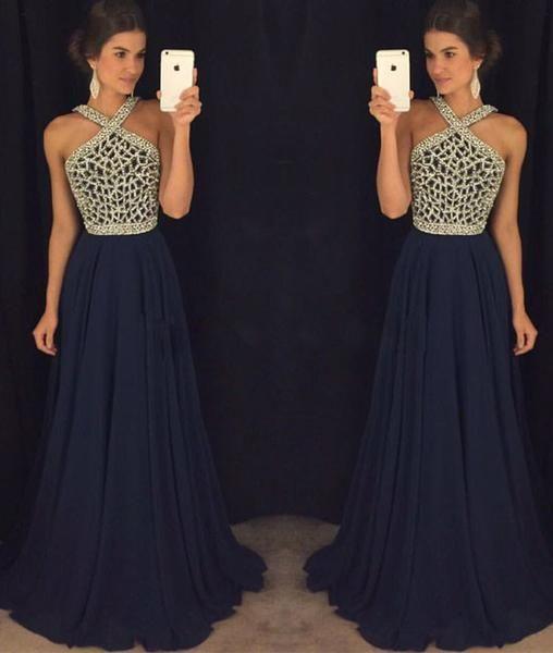 Evening Dresses Wear Halter Illusion Neck Crystal Beaded Prom Dress A Line Backless Long Sweep Train Navy Blue Formal Party Gowns