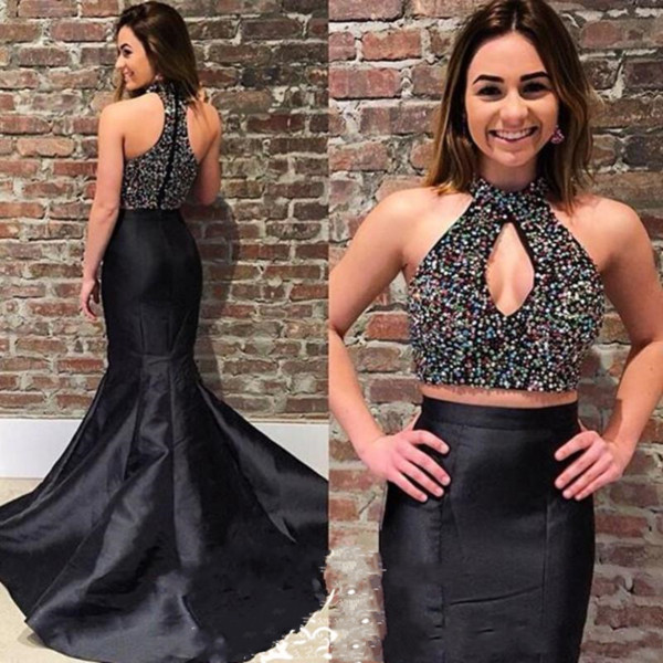 Sparkling Crystal Major Beading Top Black Evening Dresses Mermaid Long Prom Dress Two Pieces Party Gown Sweep Train