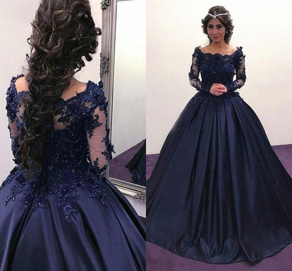 Dark Navy Dresses Evening Wear Hot Selling Bateau Neckline Appliqued Ball Gown Formal Special Occasion Party Dresses With Beading