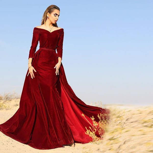 Off Shoulder Mermaid Evening Dresses Burgundy Velvet Long Sleeves Plus Size Saudi Arabic Prom Dress Dubai Vestidos