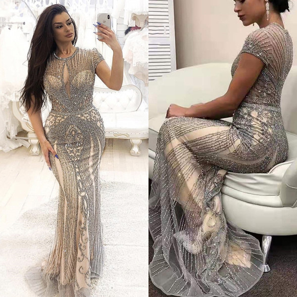 Luxury Full Beadings Mermaid Evening Dresses Short Sleeve Jewel Neck Champagne Prom Party Gown Vestido de Novia BM1622