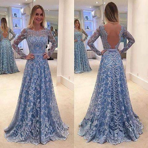 Full Lace Sexy Open Back Evening Dresses Sheer Long Sleeves Jewel A Line Long Special Occasion Dresses Prom Evening Dresses