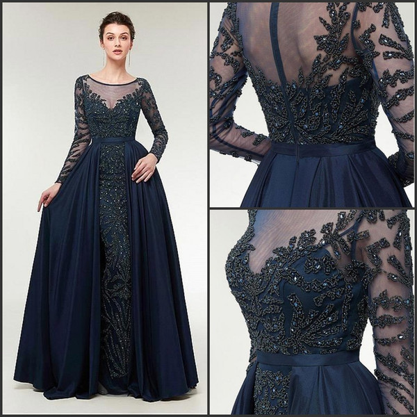 Vintage Navy Blue Beadings Evening Dresses Long Sleeve Mermaid Women Formal Gown with Detachable Train Prom Party Dresses BC2525