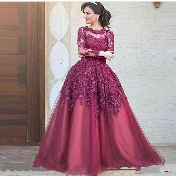 Elegant Robe De Soiree Burgundy Evening Dresses With Long Sleeve Lace Appliques Jewel Neck A Line Long Formal Pageant Party Gowns