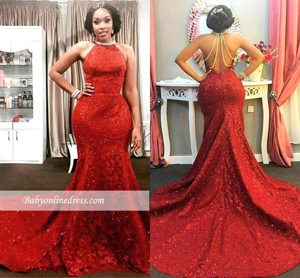 Vestido de novia Hot Red Evening Dresses Full Lace With Sequined Court Train Halter Pearls Sexy Open Back Formal Prom Gowns