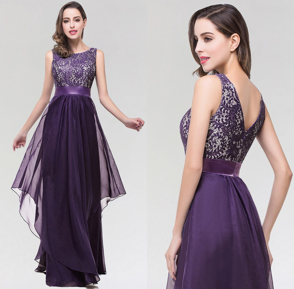 4 Colors Vintage Lace Evening Dresses Purple Floor Length Chiffon Prom Dresses Cheap Formal Party Gown V Cut Back CPS251