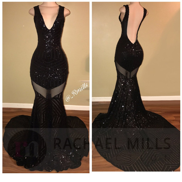 Hot Quality Bling Black Prom Sexy Backless Deep V Neck Sleeveless Illusion Evening Gowns Sweep Train Prom Dresses