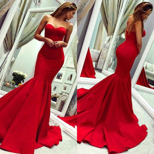 Red Elegant Mermaid Evening Dresses Sweep Train Long Prom Party Dresses Backless Cheap Formal Wear BC0445