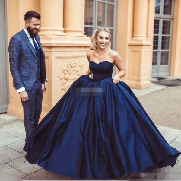 High Quality Ball Gown Navy Blue Evening Dresses Sexy Sweetheart Ruched Floor Length Puffy Formal Prom Dresses BC0046