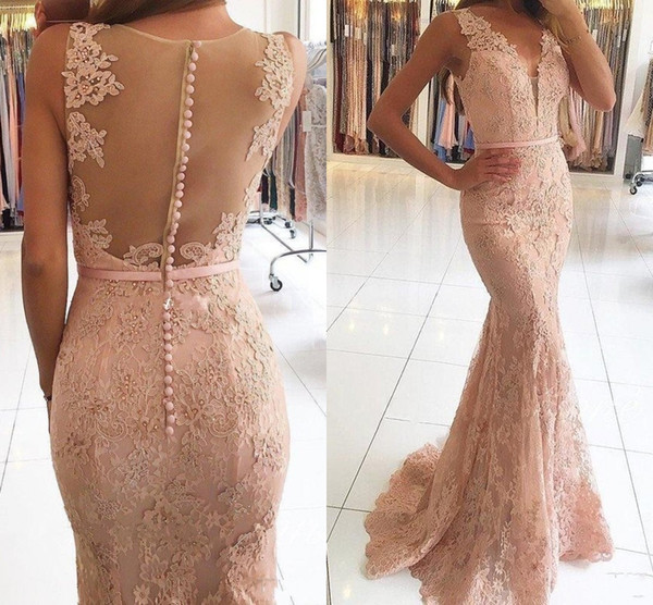 New Sexy V-Neck Evening Dresses Wear Illusion Lace Appliques Beaded Blush Pink Mermaid Long Sheer Back Formal Party Dress Prom Gowns