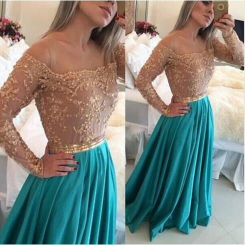 Long Sleeves Lace Beaded A Line Chiffon Prom Dresses Vestidos Sheer Applique Maxi Evening Gowns Robe Arabic Party Gowns BA1867