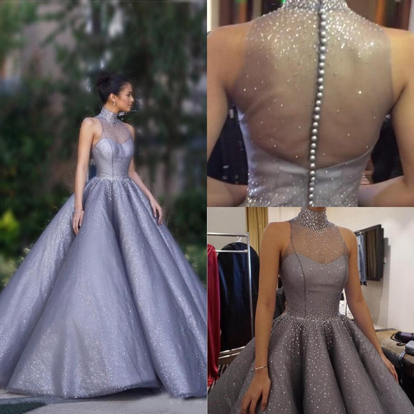 Elegant High Neck Beaded Evening Dresses Pearls Beaded Ball Gown Prom Party Formal Wear Illusion Back Lavender Vestido