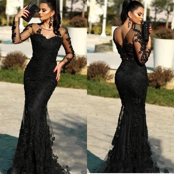 Modest Long Sleeve Black Evening Dresses Sheer Neck Lace Appliques Mermaid Prom Party Dresses Women Formal Gown Vestido BC2671