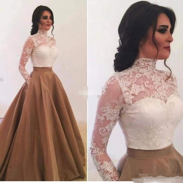 Elegant High Neck Long Sleeves Evening Dresses with Pockets Saudi Arabia Lace Appliques Ball Gown Prom Gowns Special Occasion Dress