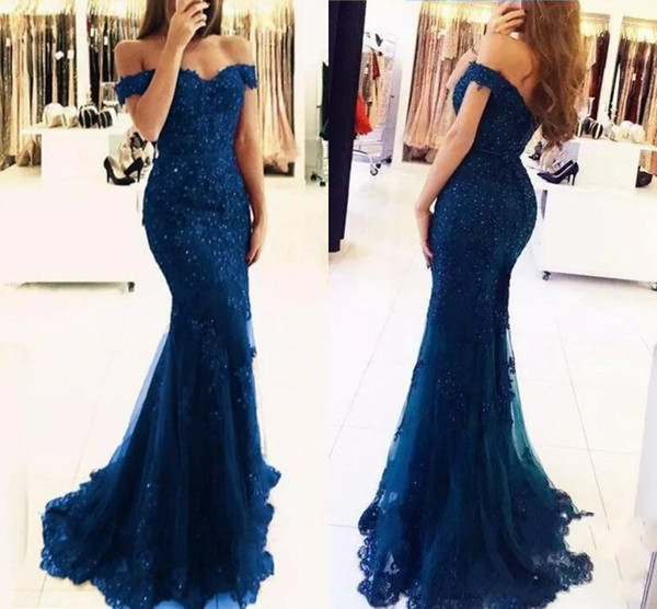 Off The Shoulder Mermaid Long Evening Dresses Tulle Appliques Beaded Custom Made Formal Evening Gowns Prom Party Wear BA3809 BM0449