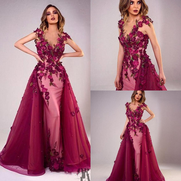 Tony Chaaya Rose Mermaid Evening Dresses with Detachable Train 3D Floral Appliques Prom Party Dresses Women Formal Gown BC2829