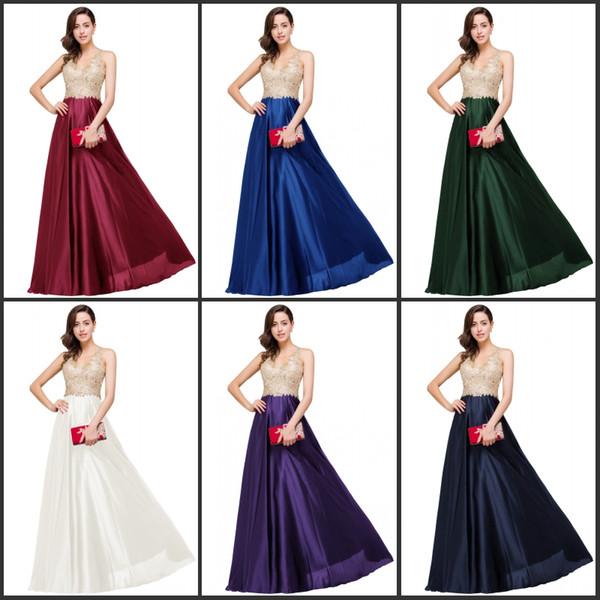 6 Colors Burgundy Evening Dresses Beaded V Neck Lace Appliques Prom Party Gown Backless Long Formal Wear Cheap CPS358