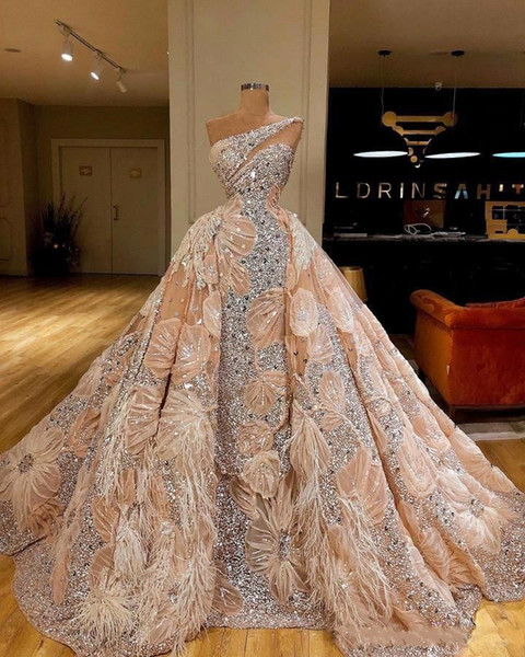 Luxury Major Beadings Ball Gown Evening Dresses Mermaid Prom Dresses with Detachable Train One Shoulder Champagne Formal Gown BC2522