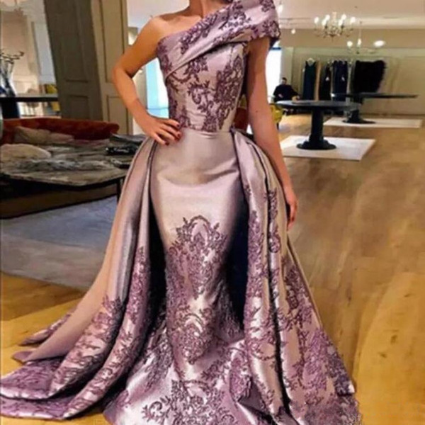 Arabic Design Mermaid Evening Dresses with Detachable Train Overskirt One Shoulder Prom Party Gown One Formal Wear