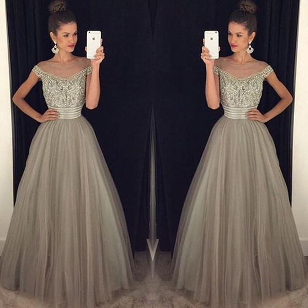 Gray Evening Dresses For Women Illusion Scoop Neck Tulle Cap Sleeve Crystal Beaded Floor Length Formal Pageant Party Dresses Prom Dress