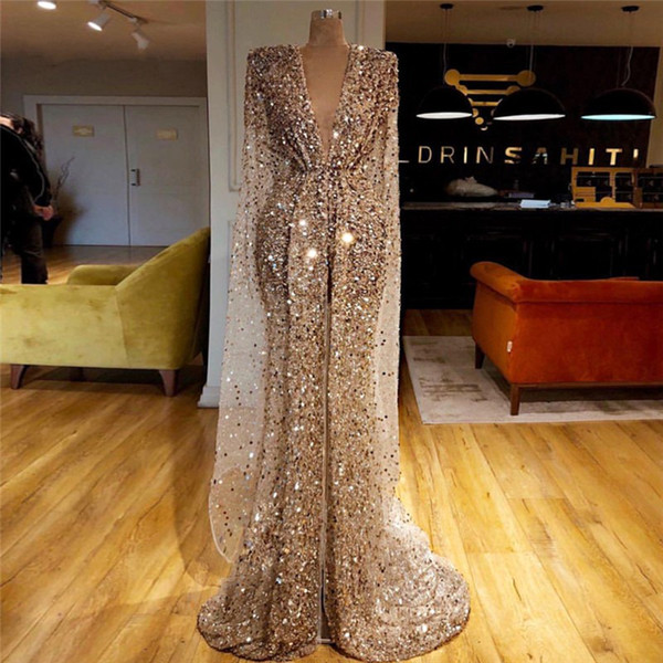 Luxury Glitz Beaded Evening Dresses Sheer Deep V Neck Champagne Prom Party Gown Floor Length Women Formal Wear