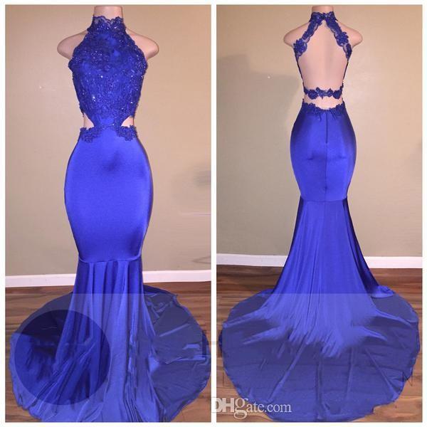 Long Evening Dresses Royal Blue Mermaid Elegant With Appliques Crystal Top High Neck Sexy Backless Prom Gowns Cheap