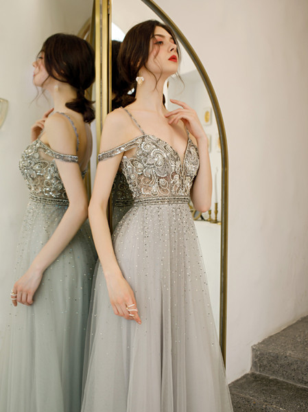 Elegant Evening Formal Dresses Prom Dresses Silver Gray Long Runway Gowns Shining Beads Long Soft Tulle with Beading ogstuff