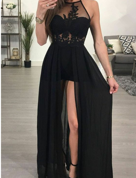 2017 Sexy Black Evening Dresses Side Split Chiffon Long Prom Gowns Halter Sheer with Applique Party Dress Cheap