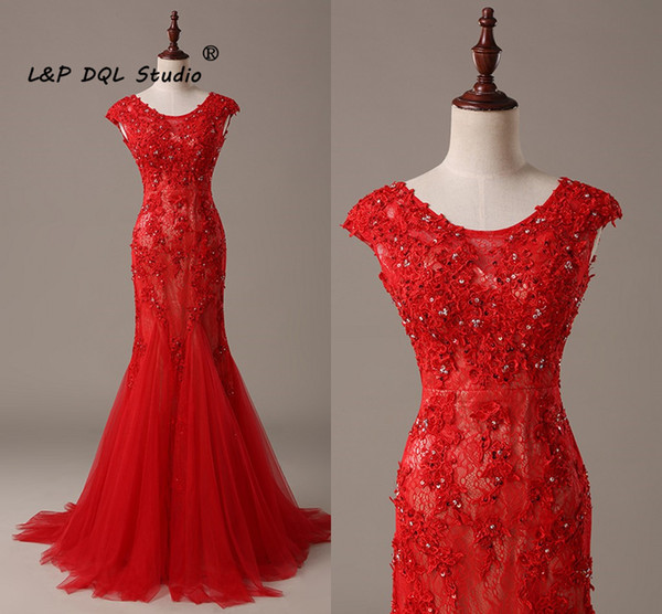 2017 New Arrival Fall Winter Evening Dresses Soft Tulle Mermaid Prom Dresses Lace Applique with Beads Red Formal Gowns Custom Made Cheap