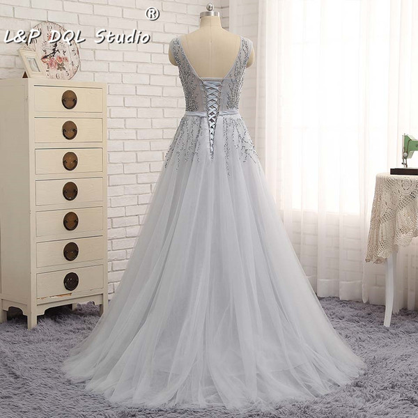 Attractive Ball Gown Light Gray Prom Dresses Scoop Lace-up Back Sweep Train Pleats tulle with Lace Major Beading Sequins Evening Dresses